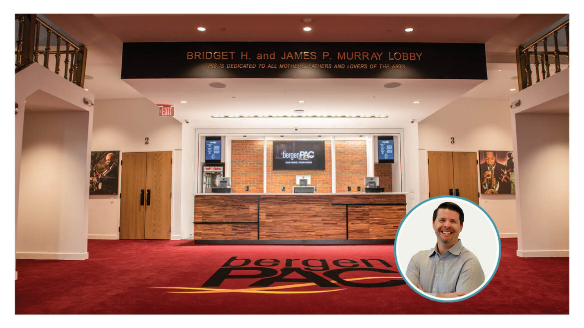 The main lobby of the iconic Bergen Performing Arts Center is a vibrant space that patrons want to spend time in. Pictured in the lobby are industrial design elements, such as wooden panels, juxtaposed to traditional elements, such as ornate gold railings. Also pictured is the author’s photo.