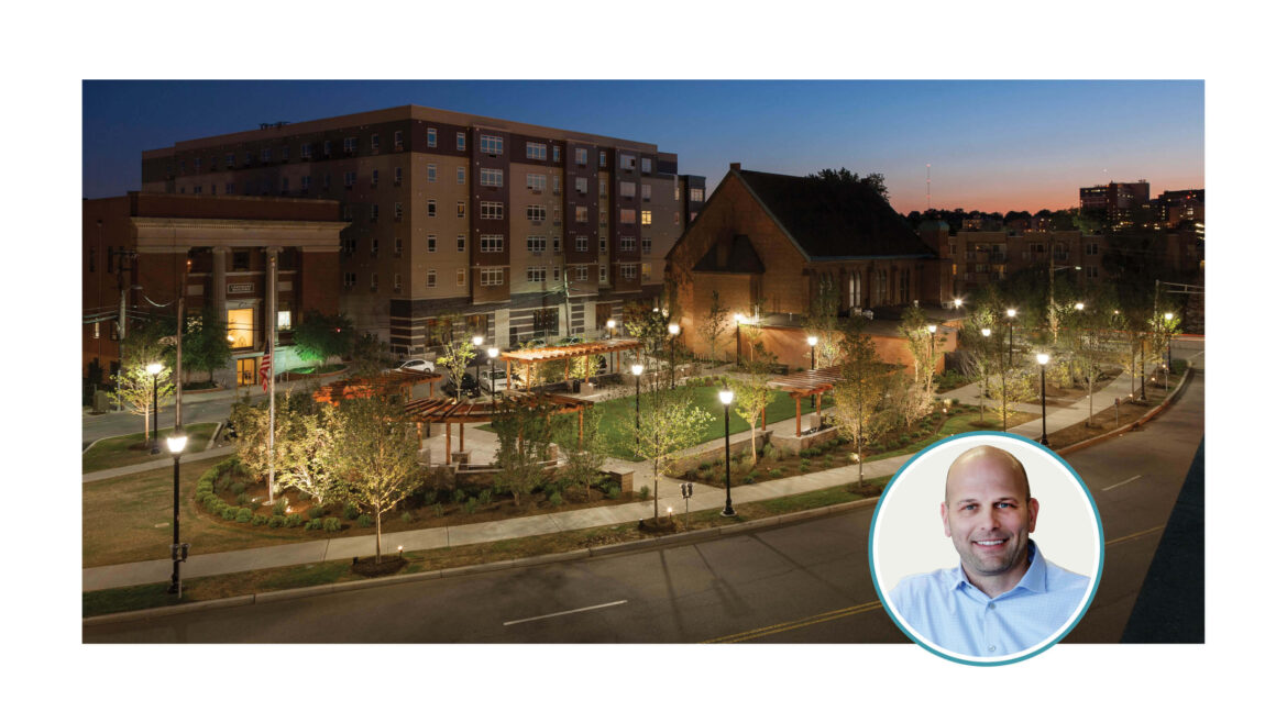 An aerial view of Atlantic Street Park in Hackensack, NJ, captured at night, and the author's photo.