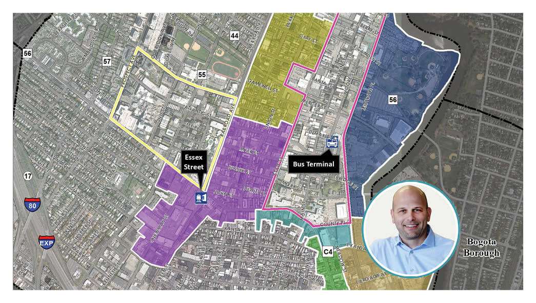 A zoning map of a portion of Hackensack, NJ along with the author's photo.