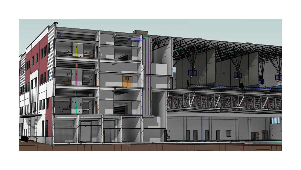 A screenshot of a building model in Revit, a design software that allows for the highest level of integration in building design, speeding up the process and minimizing errors.