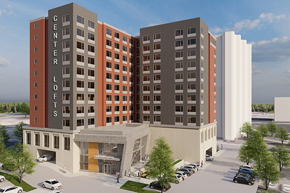 A rendering shows what the exterior of the 11-story multi-family development would look like, which includes 9 stories of residences over a parking garage.
