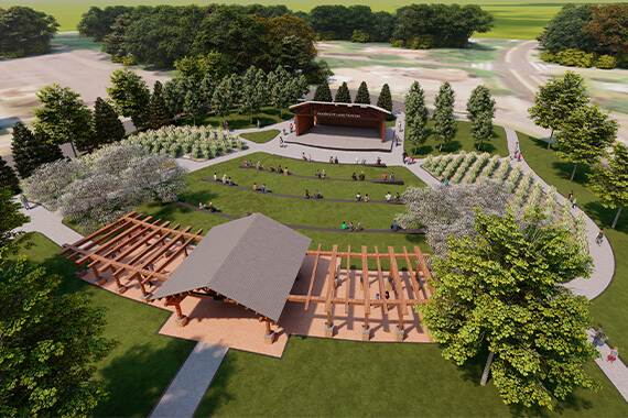 A rendering shows what proposed upgrades to a public park in Woodcliff Lake could look like, including an amphitheater, pergolas and expansive open space.