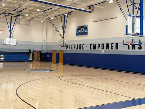 A gym addition at New Brunswick High School provides additional space for physical education and sports.