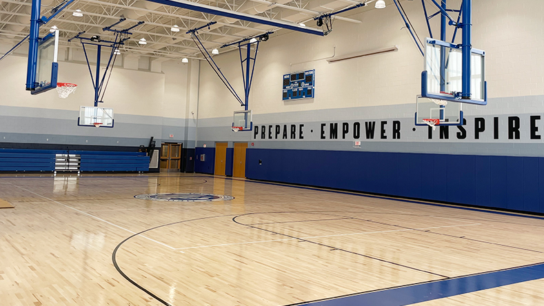 A gym addition at New Brunswick High School provides additional space for physical education and sports.