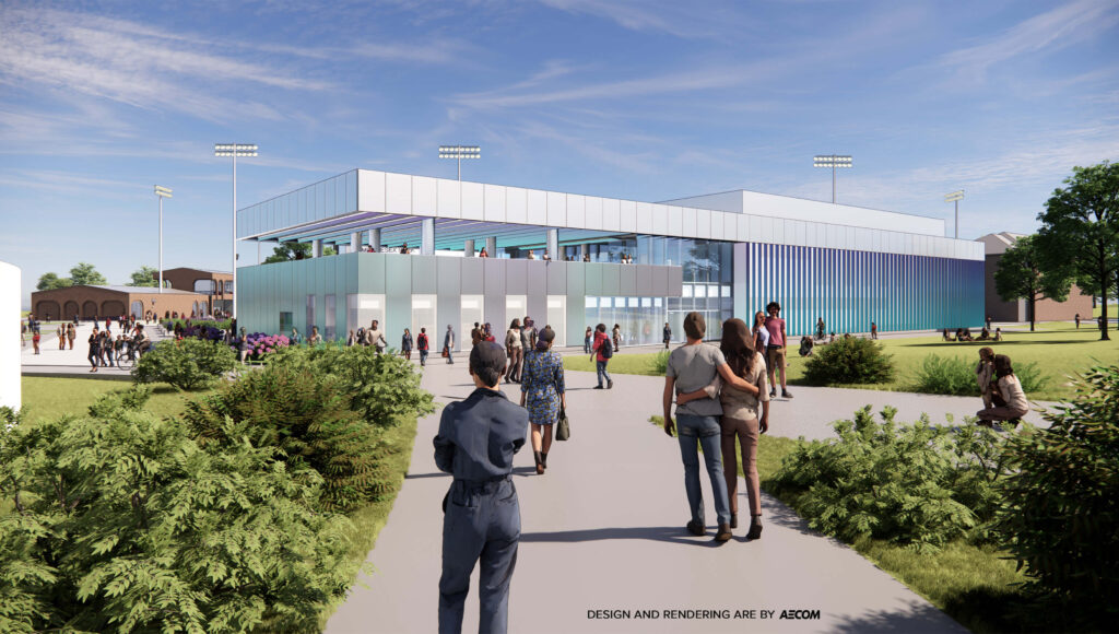 A rendering shows what the new Middlesex College Student Center will look like. The metal exterior includes an iridescent coating that changes hues. Another notable feature is the large exterior terrace.