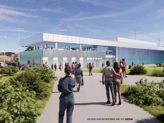 A rendering shows what the new Middlesex College Student Center will look like. The metal exterior includes an iridescent coating that changes hues. Another notable feature is the large exterior terrace.