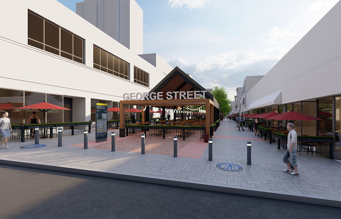 A rendering shows what closing George Street to vehicular traffic could look like, such as outdoor dining under a pergola in the area that is currently the street.