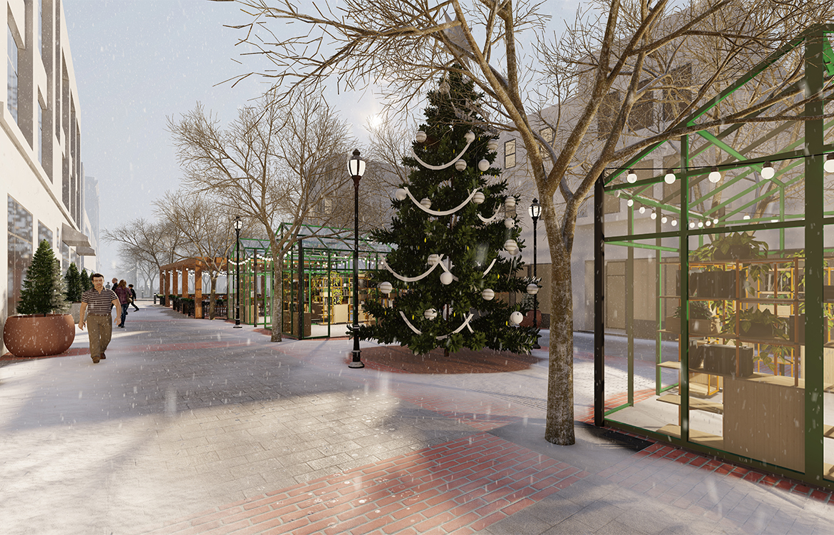 A rendering shows what closing George Street to vehicular traffic could look like in the winter, such as with an outdoor holiday market.