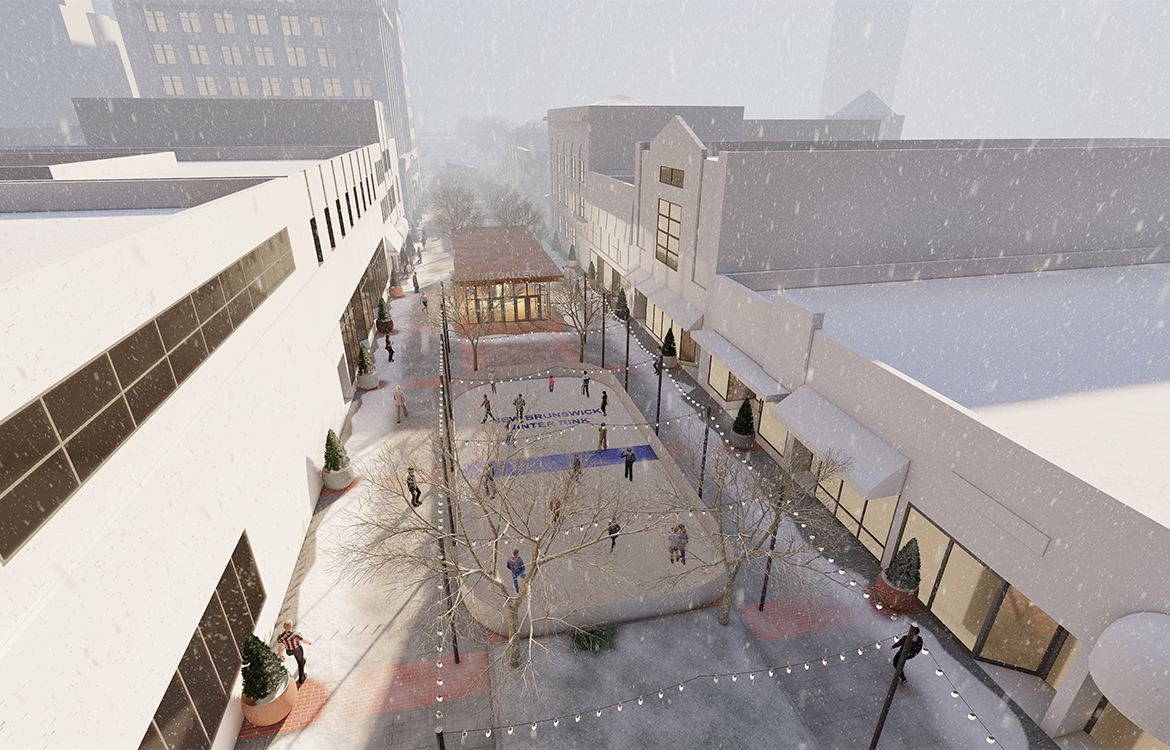 A rendering shows what closing George Street to vehicular traffic could look like in the winter, such as with an outdoor ice skating rink.